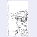 Black line art illustration of a person looking off to the side, with a mechanical helmet.