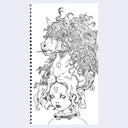 Black line art illustration of a character, seen only from the neck up. Atop their head is a horse's bust with a very elaborate wavy mane.