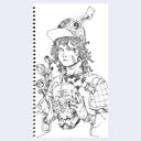 Spiral-bound notebook with a black and white illustration of a person wearing a helmet and holding a skull.