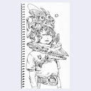 Black line art illustration of a person with a skull-like nature headpiece and a large beak around its neck like a collar.