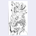 Black and white line art of a person with a large hat and various animal-like creatures on a light purple background