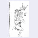 Black line art illustration of a man running and looking scared, as a cute mischievous cherub pulls his hair.