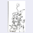 Spiral-bound notebook with a black and white illustration of a person wearing a helmet with mechanical parts and a small unicorn coming out of its jacket.