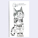 Black and white drawing of a cat-like character with a duck on its head, asking 'So, where exactly is the future huh?'