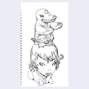 Black line art illustration of a person with a penguin-like creature atop their head.