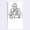 Spiral-bound notebook with a black and white illustration of a man sitting at a table.