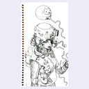 Illustration of a person in a futuristic outfit with a helmet on a notebook page.