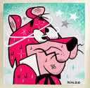 Cartoon style painting of a pink cat character, looking dizzy with stars around its head and rings circulating. Background is teal blue and white.