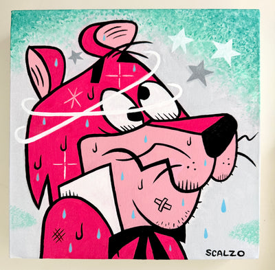 Cartoon style painting of a pink cat character, looking dizzy with stars around its head and rings circulating. Background is teal blue and white.