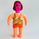 Toy figure with pink head and orange body on a light gray background