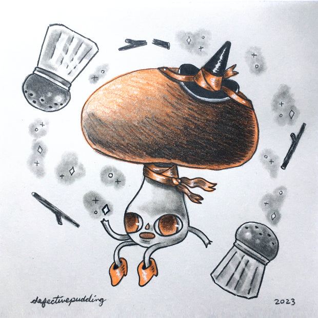 Color pencil drawing on white paper of a cartoon style orange mushroom, with a witch's hat and orange boots. Salt shakers float around.
