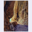 An oil painting of a rocky canyon or cave interior, featuring textured brushstrokes in earthy browns, golds, purples, and a small splash of turquoise water near the center-left.