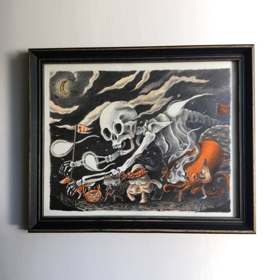 Color pencil drawing with black, grey and orange colors of a large skeleton leading a parade of many smaller yokai and various spirits under a crescent moon on a cloudy night.