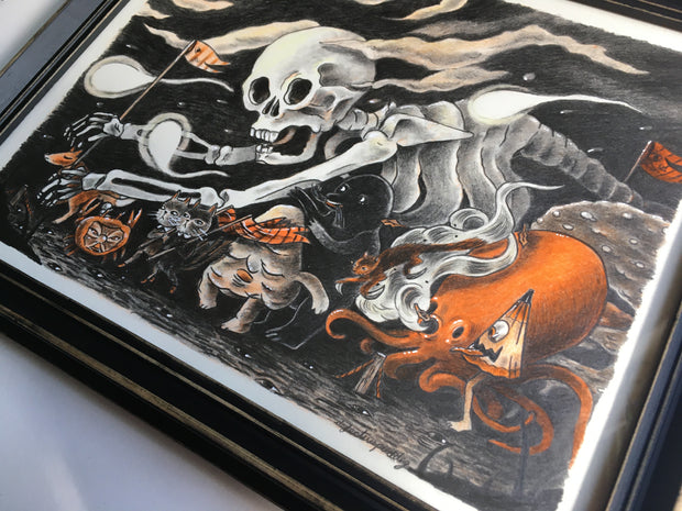 Color pencil drawing with black, grey and orange colors of a large skeleton leading a parade of many smaller yokai and various spirits under a crescent moon on a cloudy night.