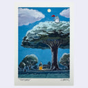 Painting of a scene from My Neighbor Totoro, of a nighttime farm setting with a large tree. Totoro sits up top with a red umbrella, under the moon.