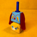 Colorful wooden toy resembling a dog with a very skinny blue top hat and a yellow body with painted on arms playing a banjo.
