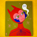 Illustration of a person with short blue hair, wearing a devil costume, smoking a cigarette with a ghostly figure above them on a green background.