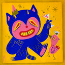 Illustration of a blue cartoon monster with tiny horns, a happy face and a tail. It holds up a martini glass and dances with a small pink bird who balances a whiskey glass atop their head.