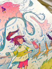 Close up of a colorful risograph print of a girl and a large white dragon behind her. To her side is a chubby pink mouse, being held up by a tiny bird.