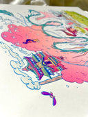 Close up of a colorful risograph illustration of a bathhouse with a smoking chimney and bright pink clouds.