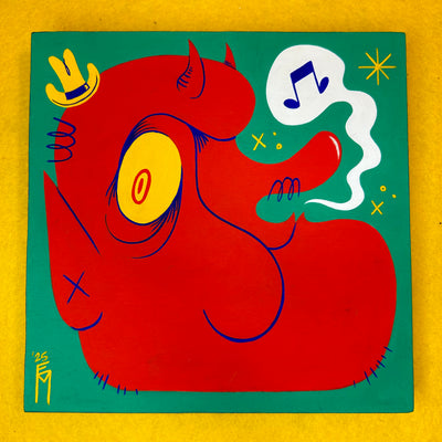 Colorful illustration of a red demon creature's head with musical elements on a green background