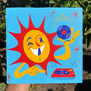 Illustration of a sun character playing vinyl records on a blue background