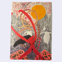 Stylistically busy colored pencil illustration of a red woman with long arms, extended out towards the sky with various abstract shapes and objects floating around her.