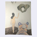 Stylistically busy colored pencil illustration of a nude woman standing and seen from the back, next to a tiger and waving at a floating rock and moon in the sky.