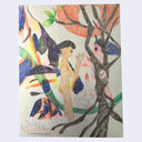 Stylistically busy colored pencil illustration of 2 women standing and facing one another, nude over a lit candle with their hands extended towards one another.