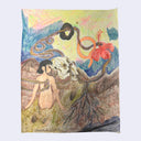 Stylistically busy colored pencil illustration of a girl sitting on a desert like ground next to an animal skull while plants and snakes weave around.