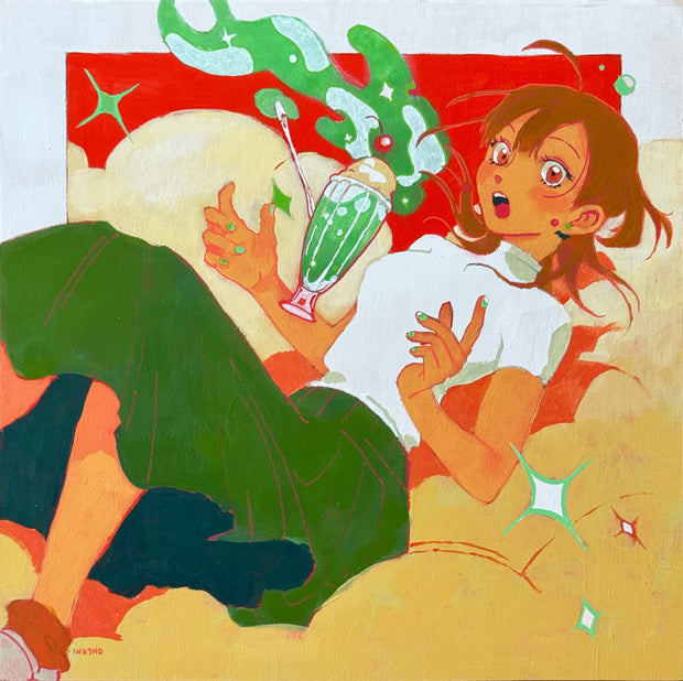 Illustrative painting of a girl falling backwards, as if tipping out of a chair. A green soda float spills back along with her. Clouds form the background.
