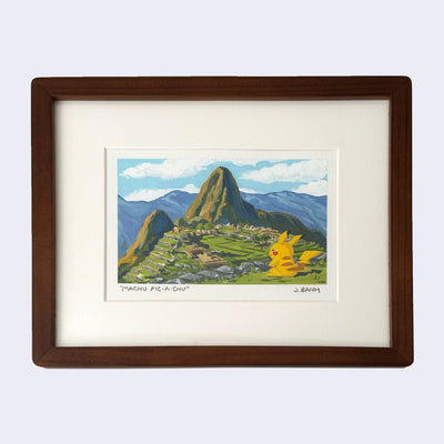 Painting of a landscape of Machu Picchu, with a drawn in Pikachu in the bottom right corner. 