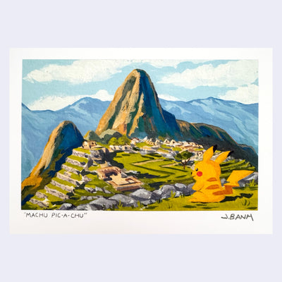 Painting of a landscape of Machu Picchu, with a drawn in Pikachu in the bottom right corner.