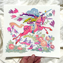 Risograph illustration of a tan girl with a long purple braids holding a sword and a lantern and riding atop of a pink unicorn. The unicorn leaps over various fantasy style plants and small mice characters in cloaks.
