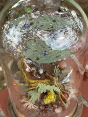 Mixed media diorama of an underwater scene, with a large scary looking fish swimming over a mound of land. Burrowed into the side of the mound is a small frog, hiding from the fish.