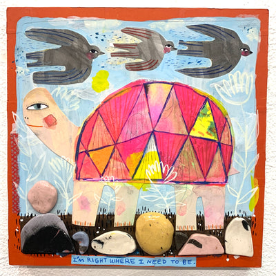 Collage style illustration of a stylized turtle with blush and long eyelashes. Its shell is pink and yellow triangles, birds fly above it and rocks frame the bottom of the panel. 