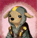 Rug tufting artwork of a cute cartoon brown chihuahua, wearing a hooded jacket with a yellow strip on it and a harness of sorts. Background is bright pink.