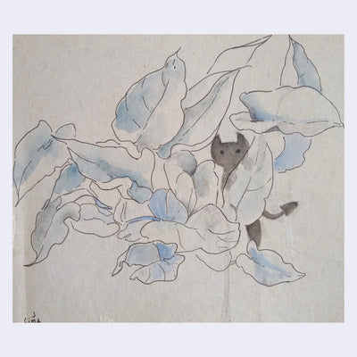 Watercolor sketch of a black devil standing behind blue leaves.