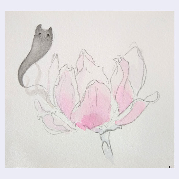 Sketch of a small gray ghost coming out of a pink flower.