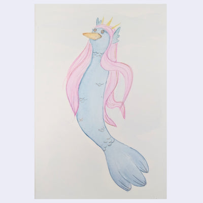 Watercolor sketch of a blue fish with a yellow bird's beak, long pink hair and a golden crown.