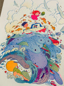 A colorful art print or illustration featuring two children floating above a large school of blue fish, with waves, clouds, birds, and small boats throughout the scene.
