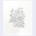 Pencil sketch of a girl leaning up against wild tree branches, with small creatures sitting on them. A happy elf creature sits in the background.