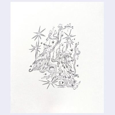 Pencil sketch of a girl leaning up against wild tree branches, with small creatures sitting on them. A happy elf creature sits in the background.