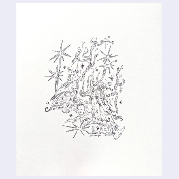 Pencil sketch of a girl leaning up against wild tree branches, with small creatures sitting on them. A happy elf creature sits in the background.