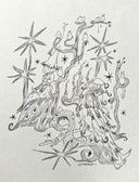 Pencil sketch of a girl leaning up against wild tree branches, with small creatures sitting on them. A happy elf creature sits in the background. Close up.