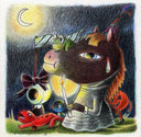 Colorful illustration of a horse with a frog on its head under a crescent moon. It holds a candle and a parade of strange creatures walks by.