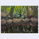 An impressionistic landscape painting depicting a rocky stream or pond with green foliage, brown rocks, and dark reflections, shown against a light gray background.