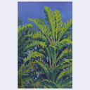 An impressionistic painting of tropical banana leaves in vibrant green and yellow hues against a deep blue-purple sky, presented on a light gray background.