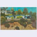 An impressionistic landscape painting of a modern house with blue roofs, surrounded by green trees and shrubs under a bright turquoise sky, shown against a light gray background.