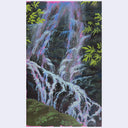 A vertical painting depicting a waterfall cascading down dark rocks, rendered in a vibrant, textured pop-art style with neon pink, blue, green, and white brushstrokes.